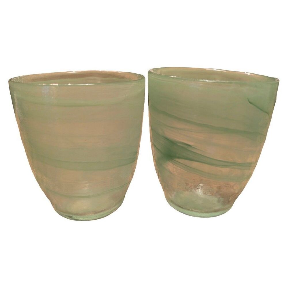 Green Swirl Glass Tumblers Set of 2 Drinking Glasses 4" Tall 3.5" Diameter